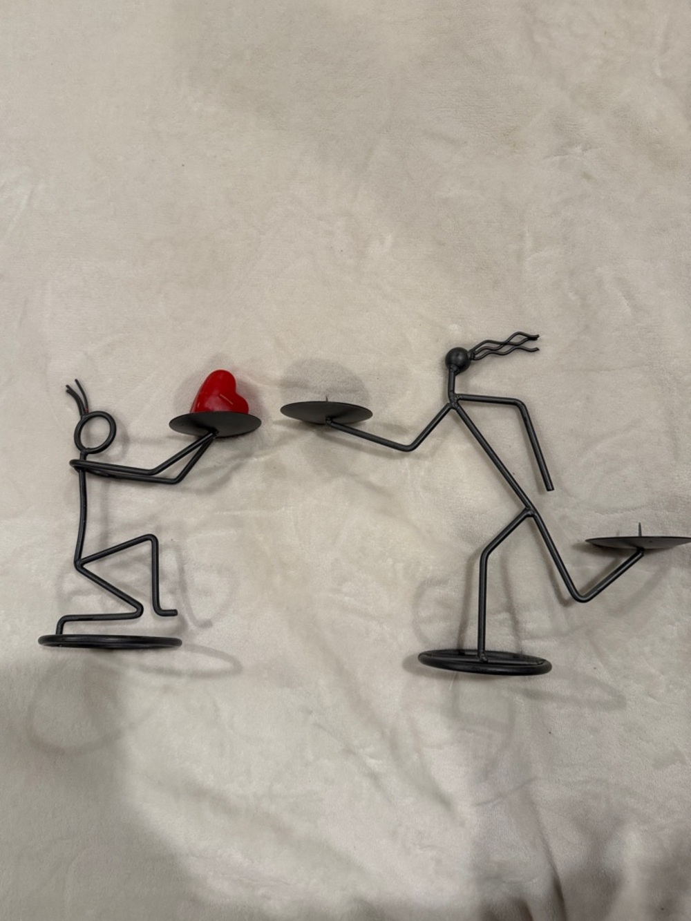 Candle Holders Metal Stick Figures with Red Heart Accent